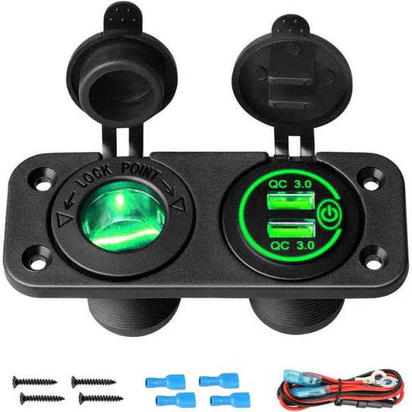 Enchufe cargador de coche USB QC3.0 dual de 2 grupos con interruptor de encendedor de cigarrillos y carga rápida