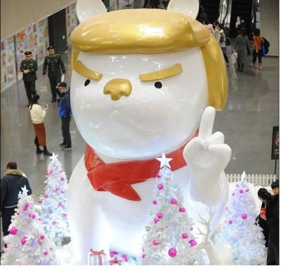 cartoon Donald trump  statue dog image statue  in  door gate exhibition  fiberglass statue