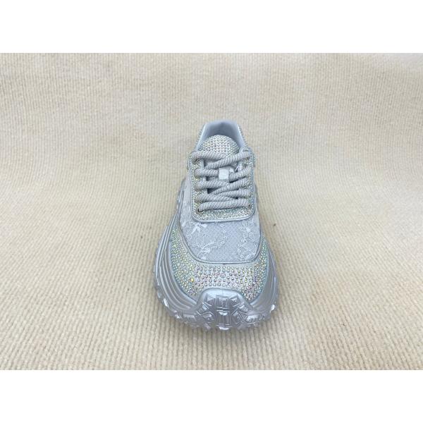 Women silver leather sneakers with bling crystal and breathable mesh upper lacing