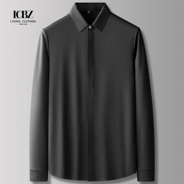 LCBZ Logotipo personalizado de lujo camisa de seda a rayas de hombre con botón cubierto para el invierno