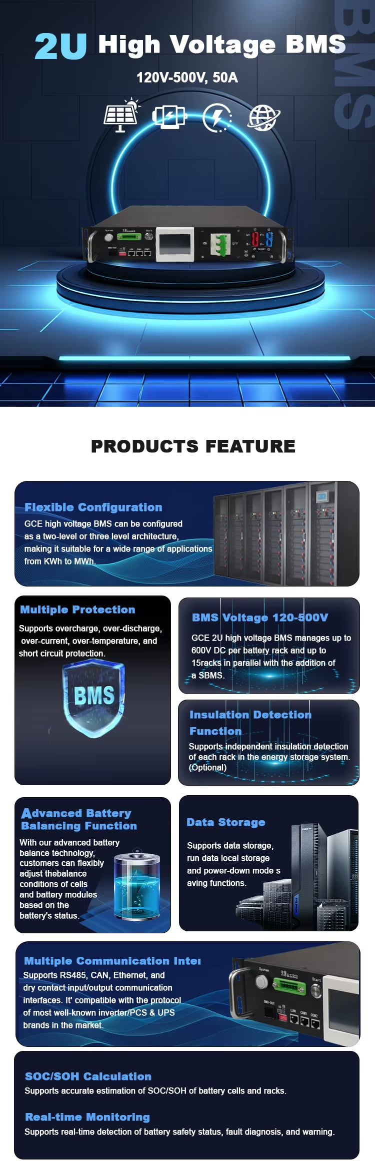 High Efficiency 96S 307.2V 50A BMS for Lithium Batteries Energy Storage System