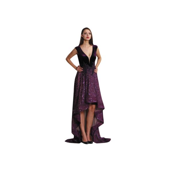 Dark Purple Sequined Sleeveless Formal Dresses , High Low Style Long Prom Dress