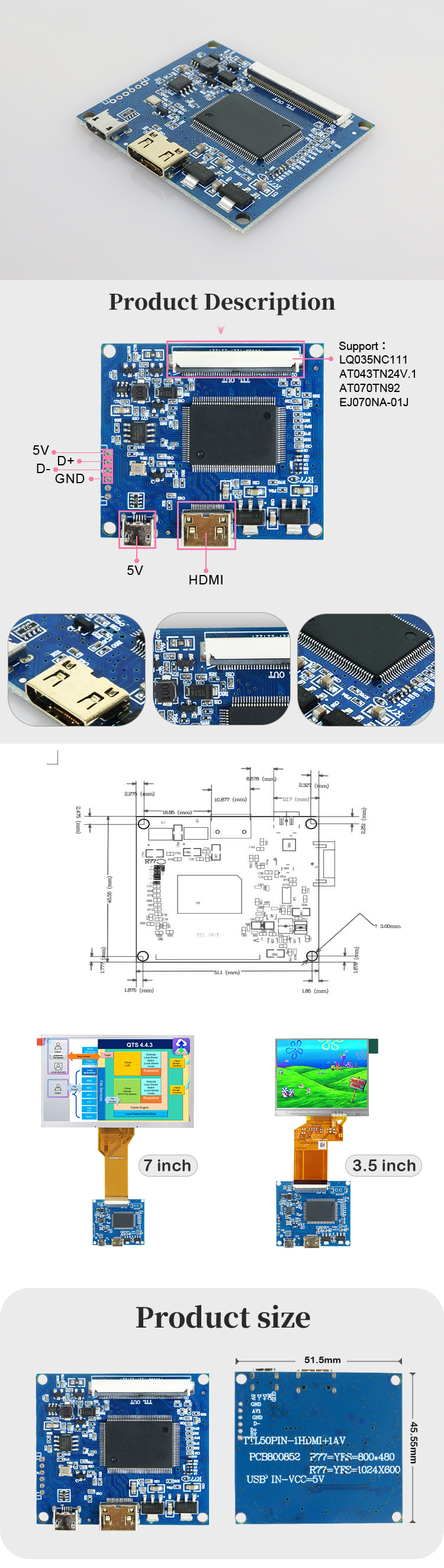 VGA Polcd Universal Lcd Controller Board Настроенная на заказ TTL RGB 40 Pin 50 Pin FPC
