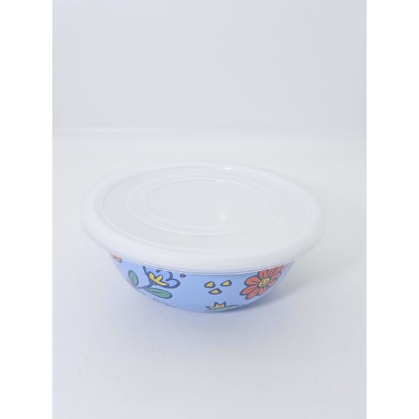 Pastel Blue Floral Frog Cartoon Printed Enamel Bowl White Rolled Rim Enamel Serving Bowl For Daily Meal Fruit Salad Storage