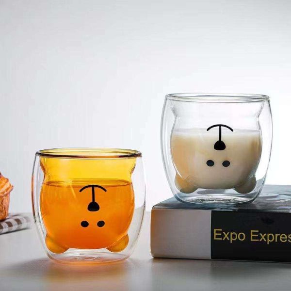 Colored Animal Shaped Double Wall Glass Mug 250ml Capacity Bear Cup Modern Style