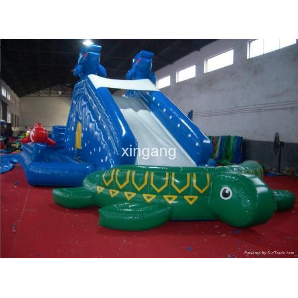 outdoor inflatable blue slide with green turtle pool