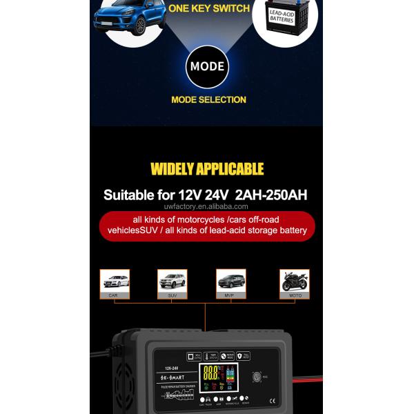 90% Charging Efficiency FCP Function 12V 24V 20A 10A Automatic Lead Acid Battery Charger Auto Motorcycle Intelligent Repair Charger