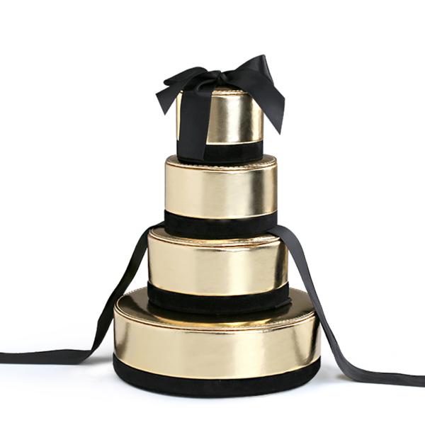 Round Champagne Gold Fancy Jewelry Box With Ribbon PU Leather Chipboard