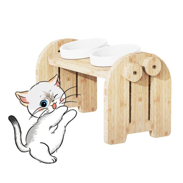 Sustainable Adjustable Bamboo Elevated Dog Cat Food and Water Ceramic Bowls Stand Feeder Raised Pet Bowls