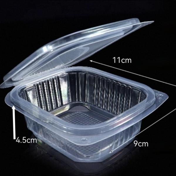 Customized factory disposable transparent vacuum formed rectangular PET plastic hinge clam shell flat lid sauce, fruit and vegetable pudding box