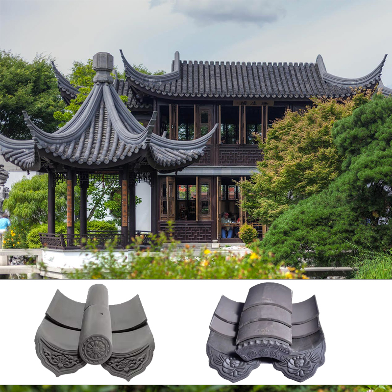 Grey Ceramic Chinese Roof Tiles Full Set Decorative Eaves Tiles & Barrel Caps for Tea House Outdoor Landscape Architecture