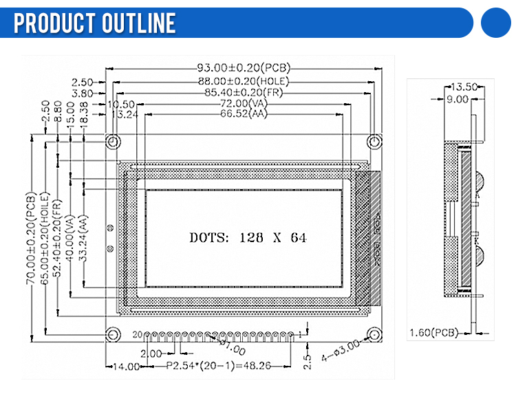 Grey Film 12864A-A Working Temperature LCB Graphic STN LCD Display Module SBN0064 Controller