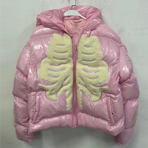 OEM Unisex Zip Up Hoodie Esqueleto personalizado bordado con cheniles Logotipo Puff Jacket a prueba de agua a prueba de viento burbuja con cierre completo chaqueta hombre