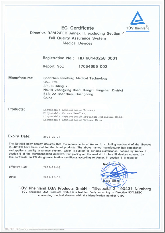 Surgsci Medical Ltd. Сертификации