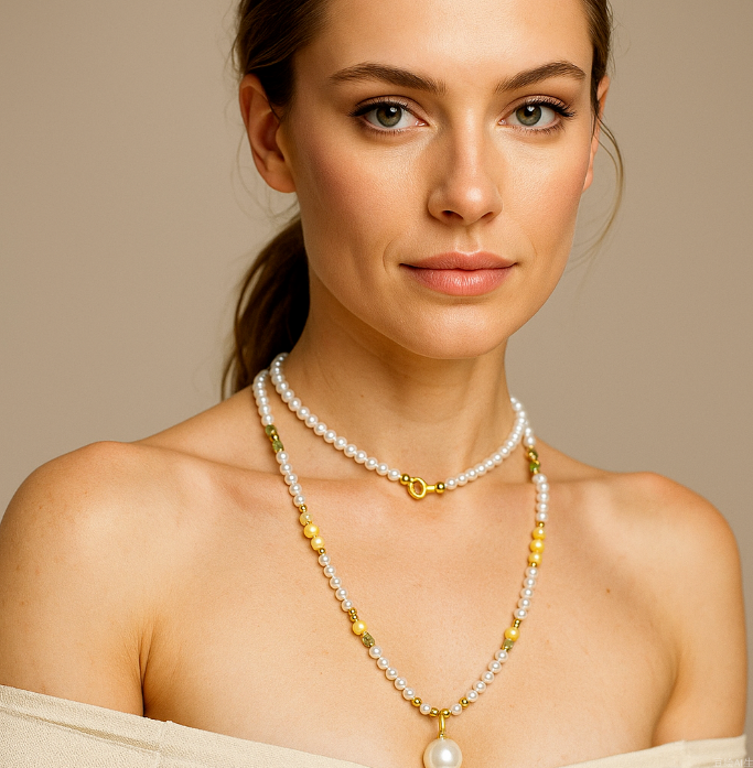 White light color round beads pendant necklace with a pendant size 14 mm and 72 cm chain length designed to add sophistication and charm