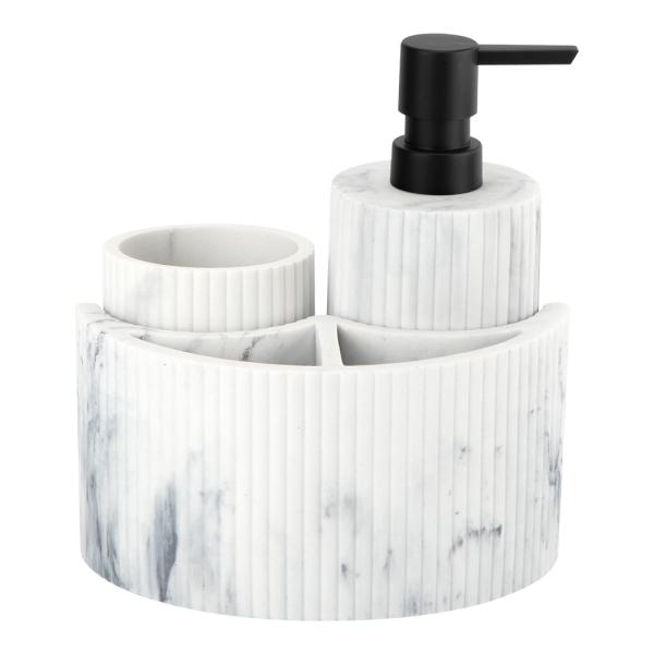Белый мраморный полирезиновый принт аксессуары для ванной комнаты набор кэдди реброванной вертикальной полосы лосьон насос кастрюля зубная щетка поднос