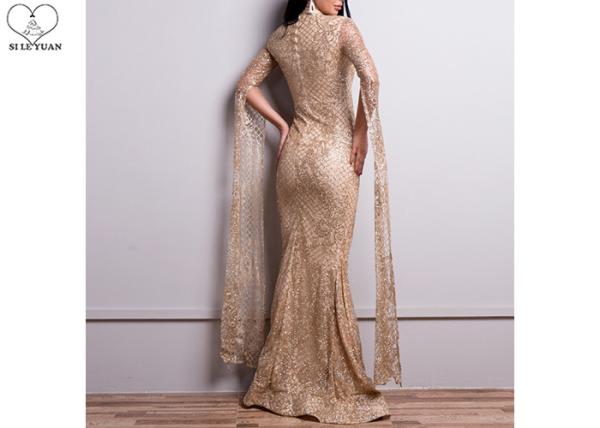 High Neck Mermaid Style Prom Dress Gold Dark Green Color Long Sleeve Lace Sequin