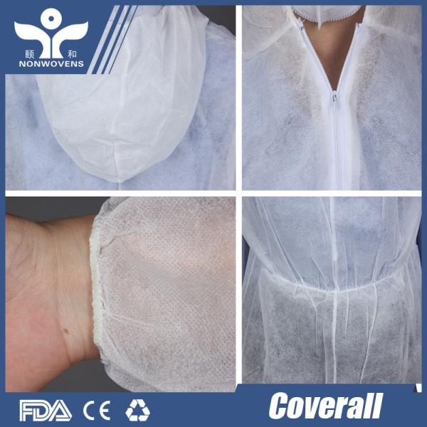 Ce White Pp Disposable Gown Coverall 25-60gsm Non Woven Waterproof With Knitted Elastic Cuffs And Zipper Cap And Hoods