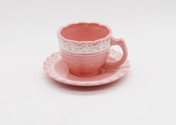 Ceramic Tea Cup Set Pink and White Handmade Earthware Coffee Mug with Plate Coaster
