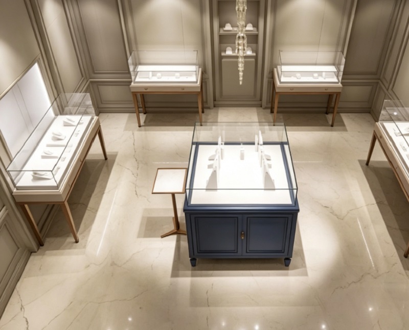 French Classic Navy Blue Light Wood Eco-Friendly Durable Jewelry Store Interior Design Complete Turnkey Fixture Showcase