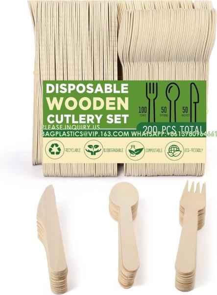 Disposable Wooden Cutlery Set, Pack Of 200 (100 Forks, 50 Spoons, 50 Knives) Biodegradable Compostable Utensils