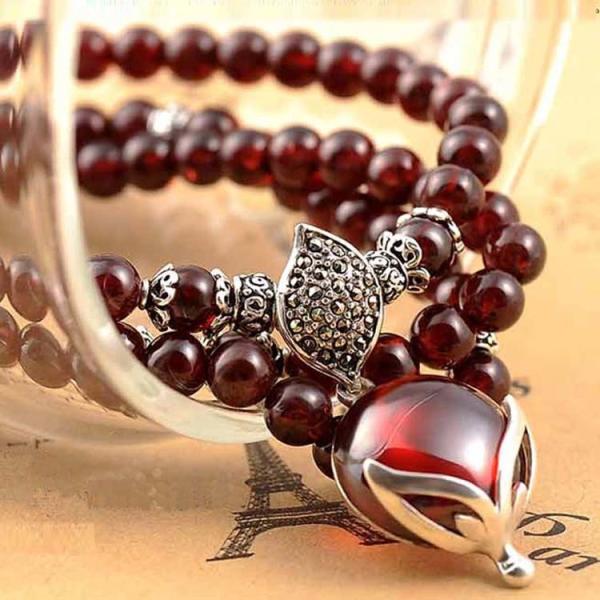 5mm Round Genuine Garnet Beads Bracelet with 925 Silver Marcasite Garnet Charm 20 inches (B120705)
