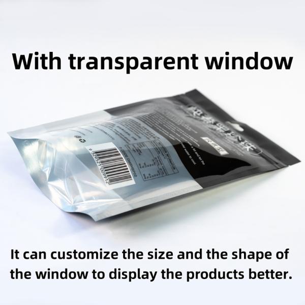 Embalaje de ingredientes de alimentos secos: bolsas de pie resistentes a la humedad con ventanas transparentes.