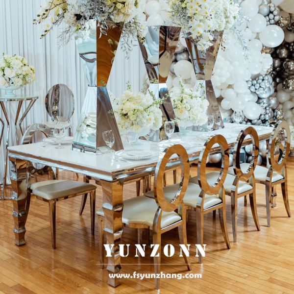 Hotel Hall Restaurant Furniture Metal Frame 8 Seater Glass Dining Table with Chair