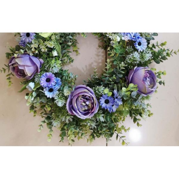 Artificial 55cm Purple Blue Rose Chrysanthemum Wreath With Green Leaves