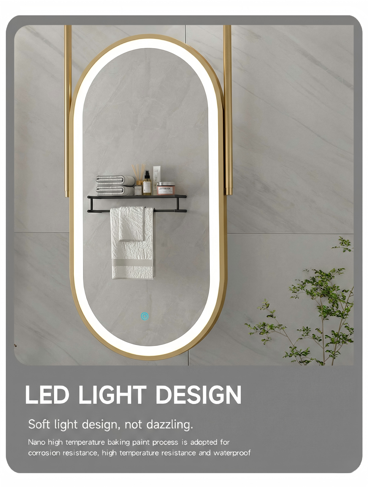 Kingstin Luxury Oval Ceiling Hanging LED Mirror Gold Brushed Frame, Smart Touch Switch Anti-Fog Suspension Bath Mirror