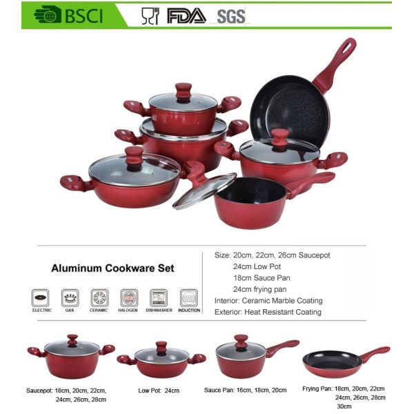 12pcs red italian prestige camping forged aluminum non-stick cookware set