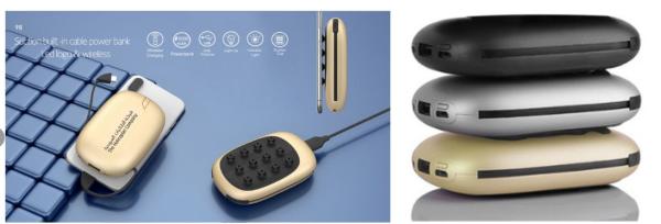 2019 New Portable Built-in Cable Power Bank 10000mAH With Suction Cup、LED Light-Up Logo and Wireless Charging Function