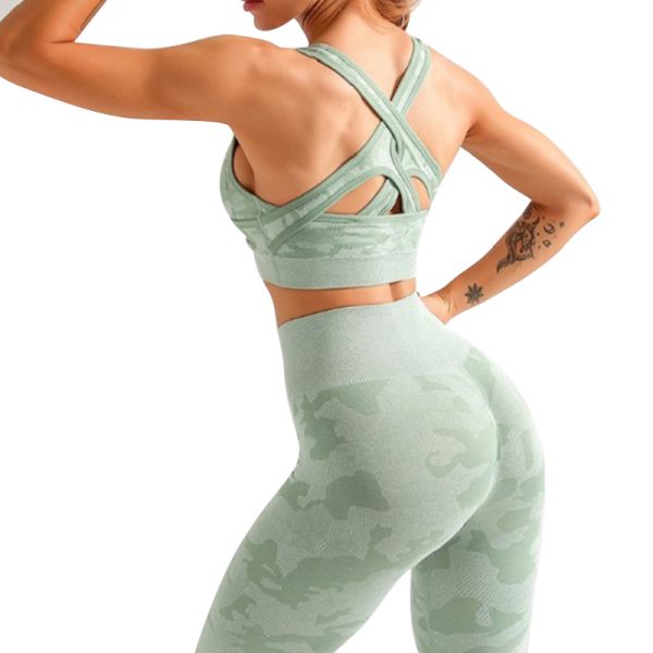 Long Sleeve Women Gym Leggings Plaid Pattern Womens 2 Piece Yoga Set