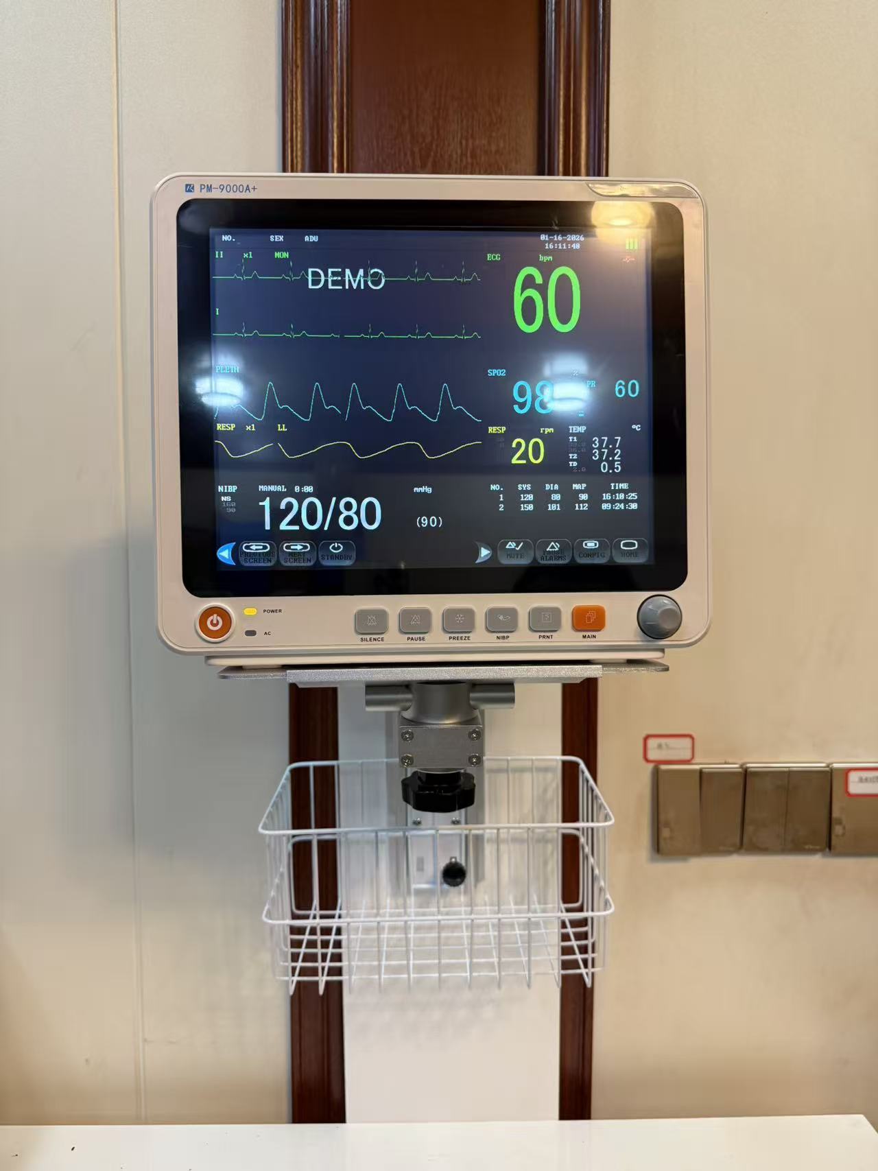Height Adjustable White Wall Mount Bracket for Patient Monitor in Hospital Ward