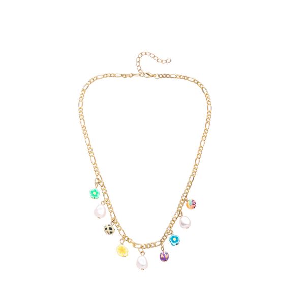 Beach Holiday Colorful Flower Pearl Collar Chain Forest Fairy Soft Pottery Small Flower Chain Necklace Pastoral Style Necklace