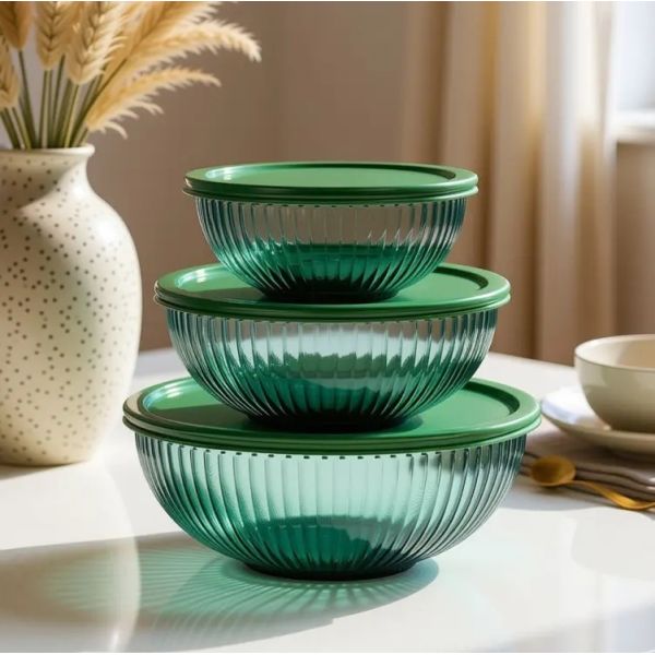 Saladier et plat à gratin en verre borosilicaté de couleur teal, lavable au lave-vaisselle pour la conservation et le service des aliments