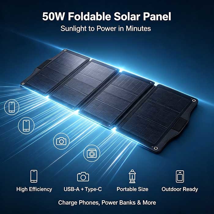 50W Portable Foldable Solar Panel Charger, Backpack‑Friendly Solar Power for Travel