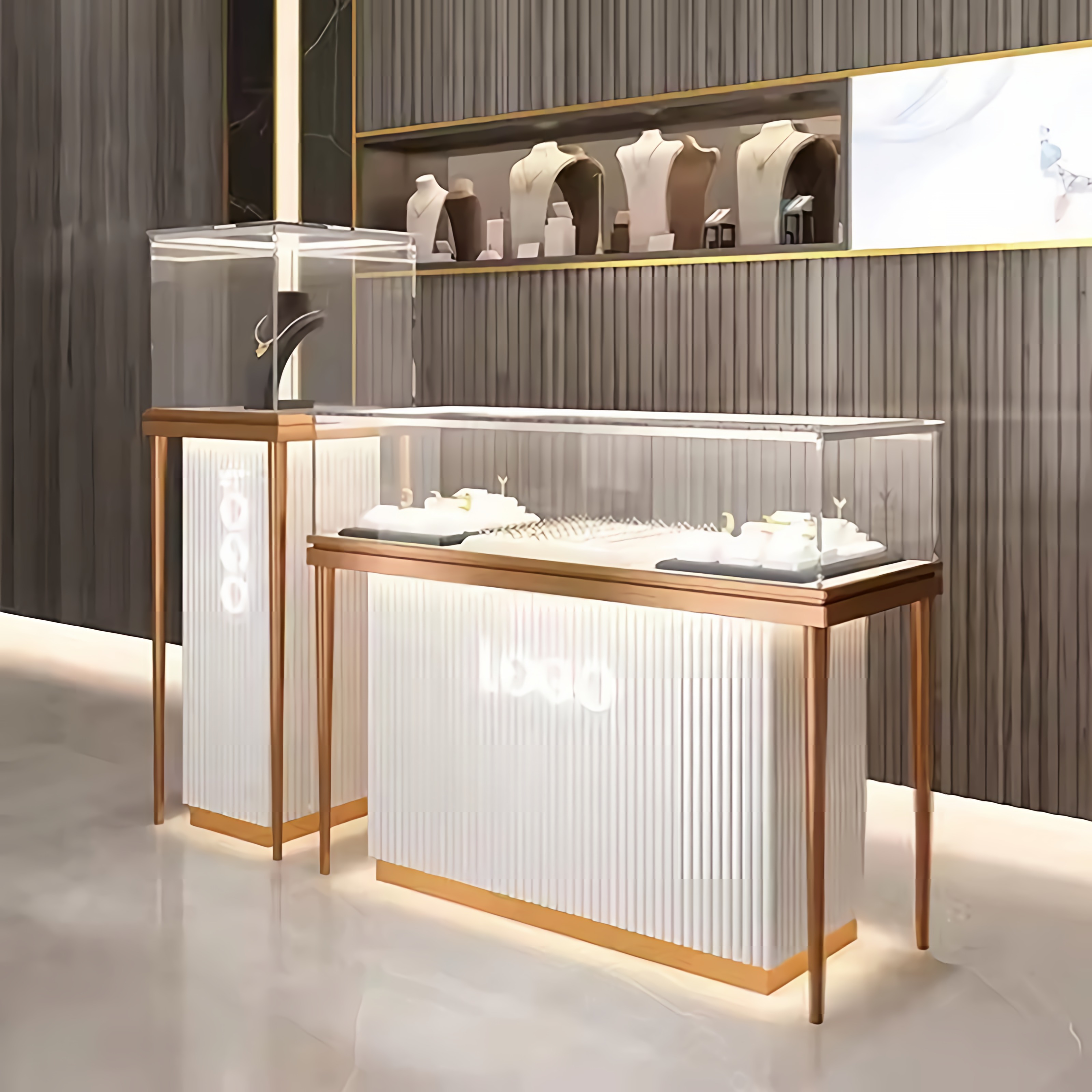 Elegant Wood Jewelry Display Case with Glass Shelving for Store Interior