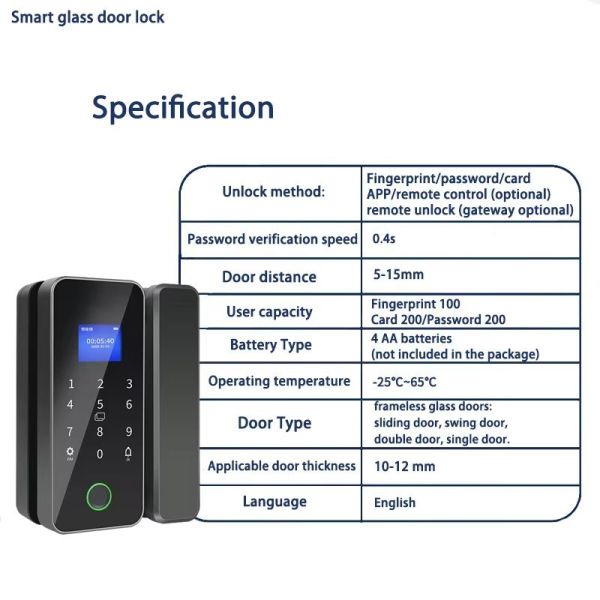 Serrure de porte en verre à empreinte digitale électronique numérique intelligente Tuya WIFI Smart Home