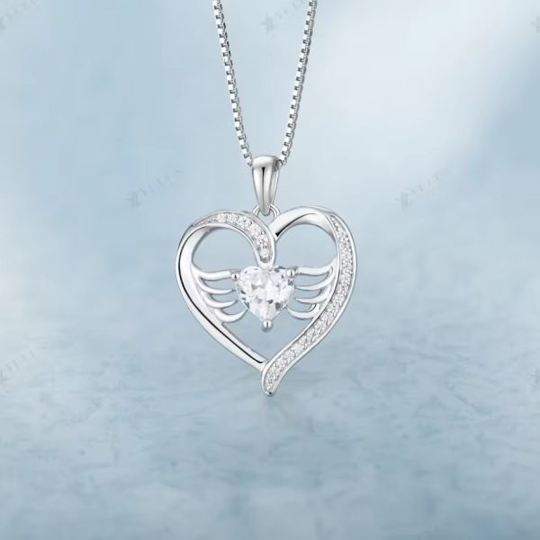 YASVITTI 925 Sterling Silver Heart Topaz & Cubic Zirconia Angel Wing Pendant Necklace Romantic Jewelry for Women