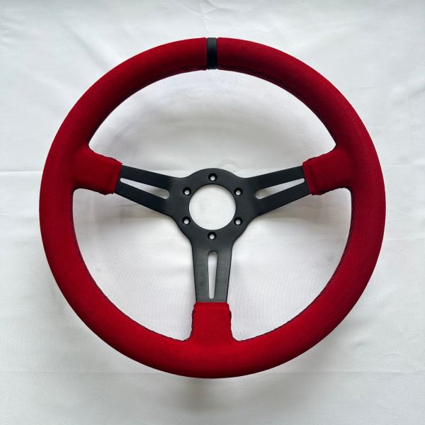 DELUXON Universal Red  Suede Racing Steering Wheels 350mm/70 MM Dish 6 Bolt With Black Stitching Black Spoke 