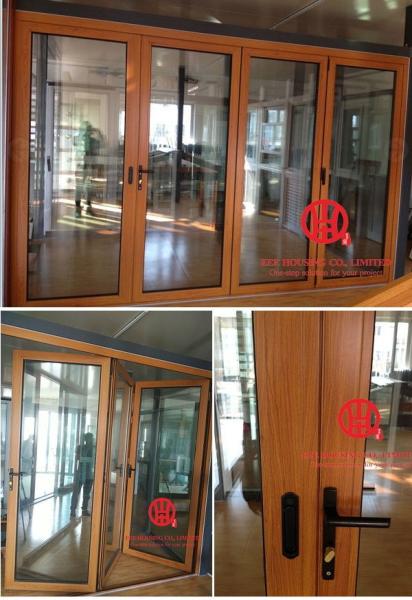 Thermal break aluminum frame bi-folding door in living room with build in shutter,bi Fold Door Design Exterior Patio