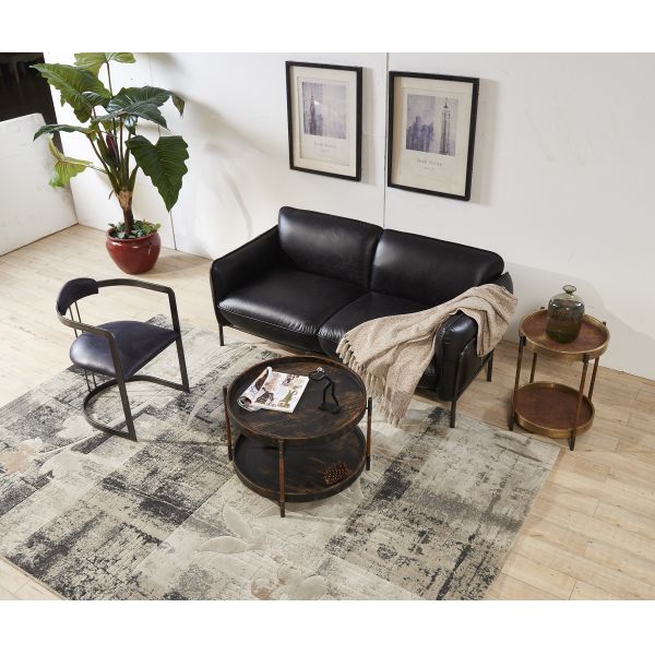 Antique Slate Color Black Leather Two Seater Sofa Bed With Steel Frame Old Finishing