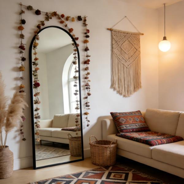 Kingstin Arched Full-Length Mirror Black Thin Frame - Bohemian Wabi-Sabi Home Decor for Living Room Bedroom