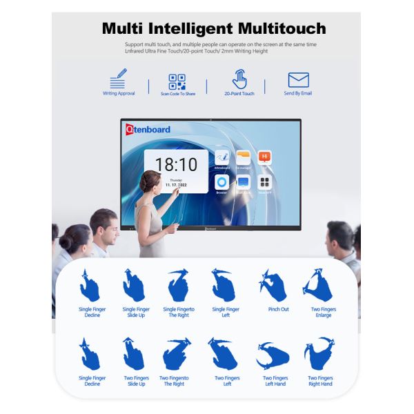 50 Point Touch Interactive Whiteboard with 4K Resolution and Android 14.0 for Education and Meetings