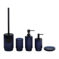 Accessoires de salle de bain en verre bleu modernes en forme ronde avec bande verticale côtelée et distributeur de savon / porte- brosse de toilette