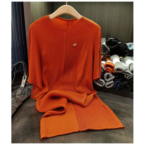 Women's Summer Dress Elegant Solid Color Loose Slimming Batwing Sleeve V-Neck Dragon Scale Pleated Casual
