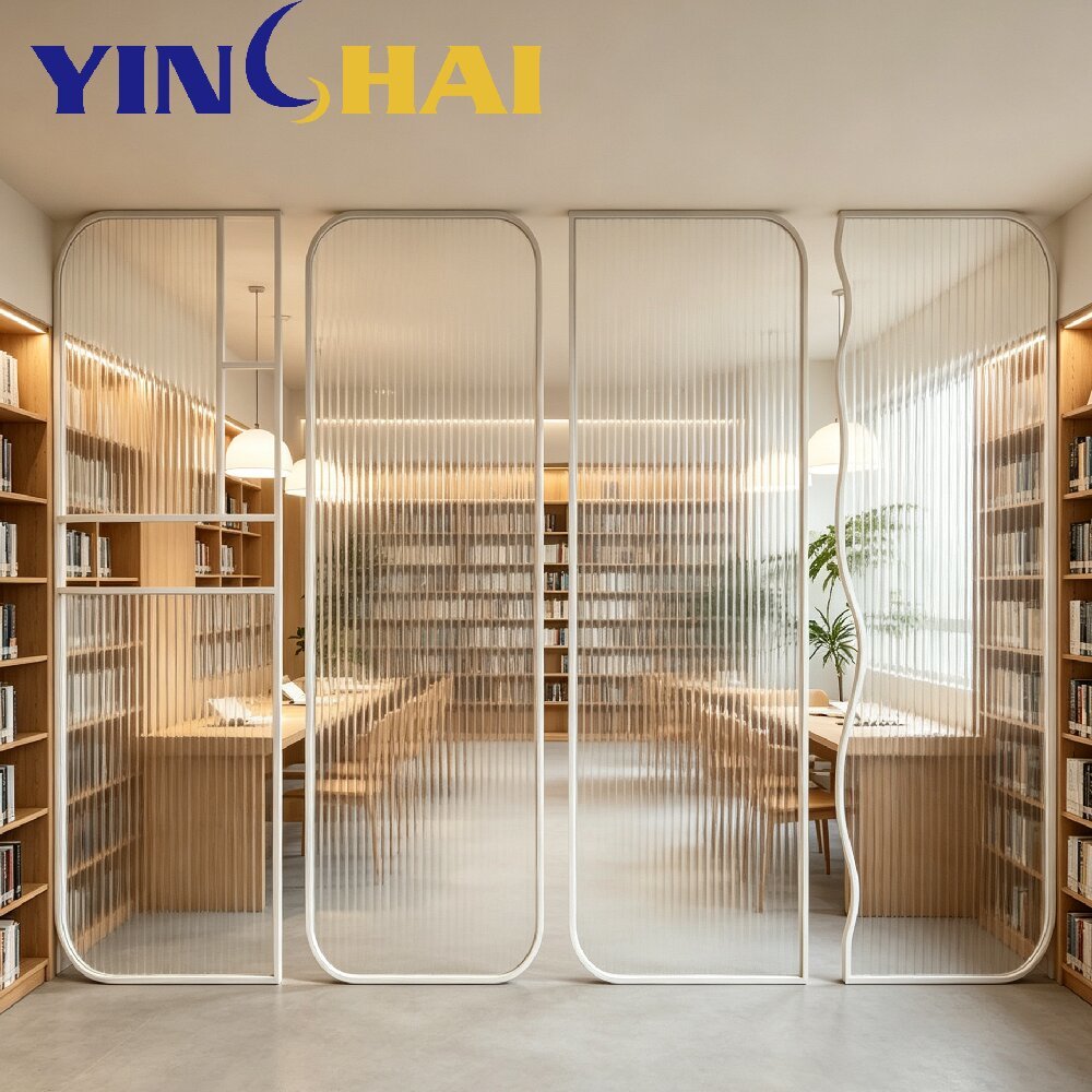 Stainless Steel Partition Screen With Fluted Glass Irregular Curved Frame Divider