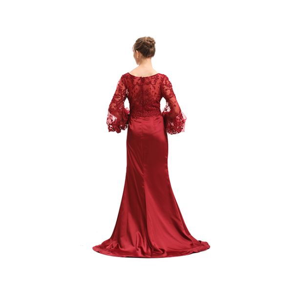 Ruched Red Ladies Evening Dresses , Balloon Long Sleeve Wedding Gown