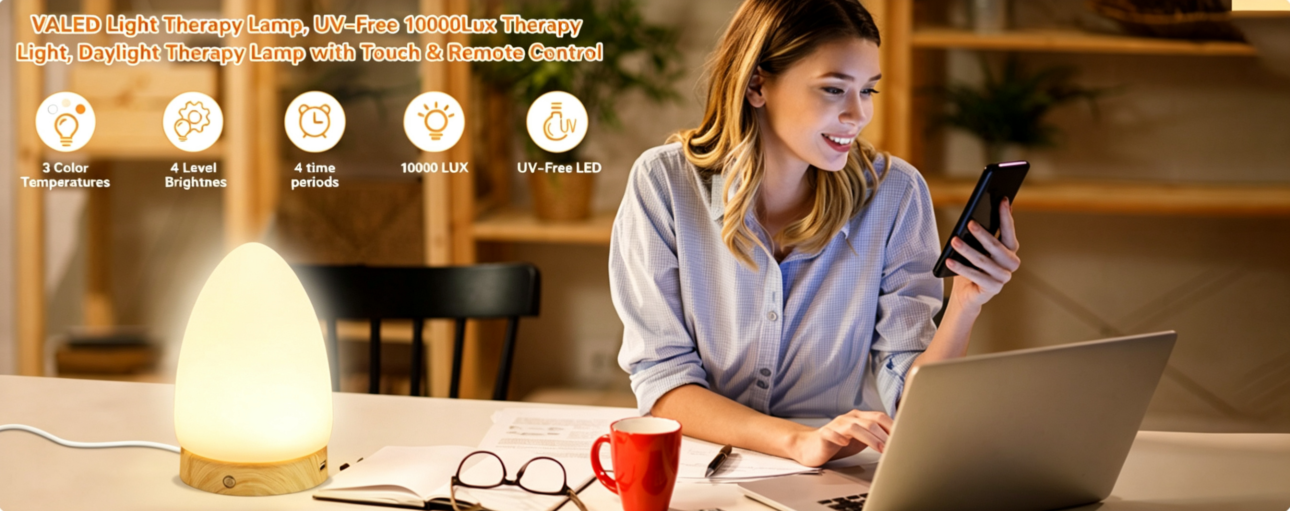 VALED Daylight Therapy Lamp — 10,000 Lux, 3 Color Modes, 4 Brightness Levels, Touch & Remote Control